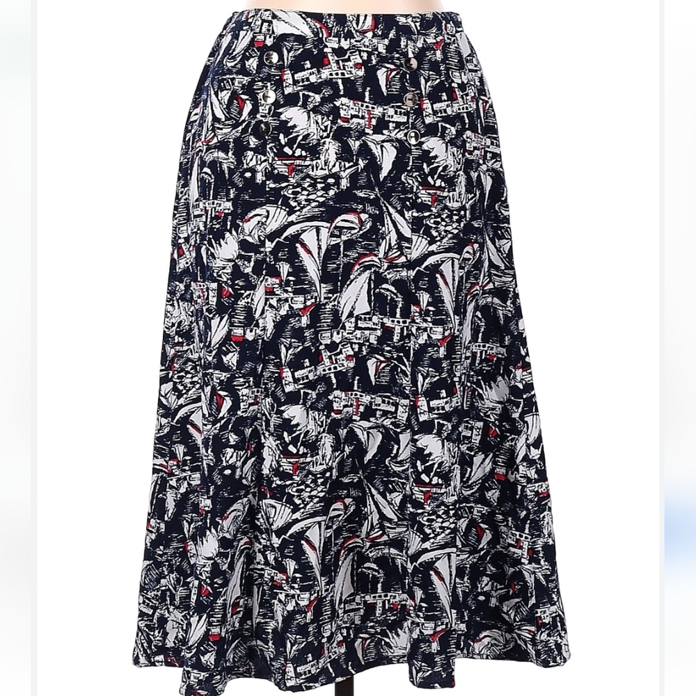 Nautical Sailboat Print 16P Midi 29" Skirt Navy White Red Preppy Travel Coastal